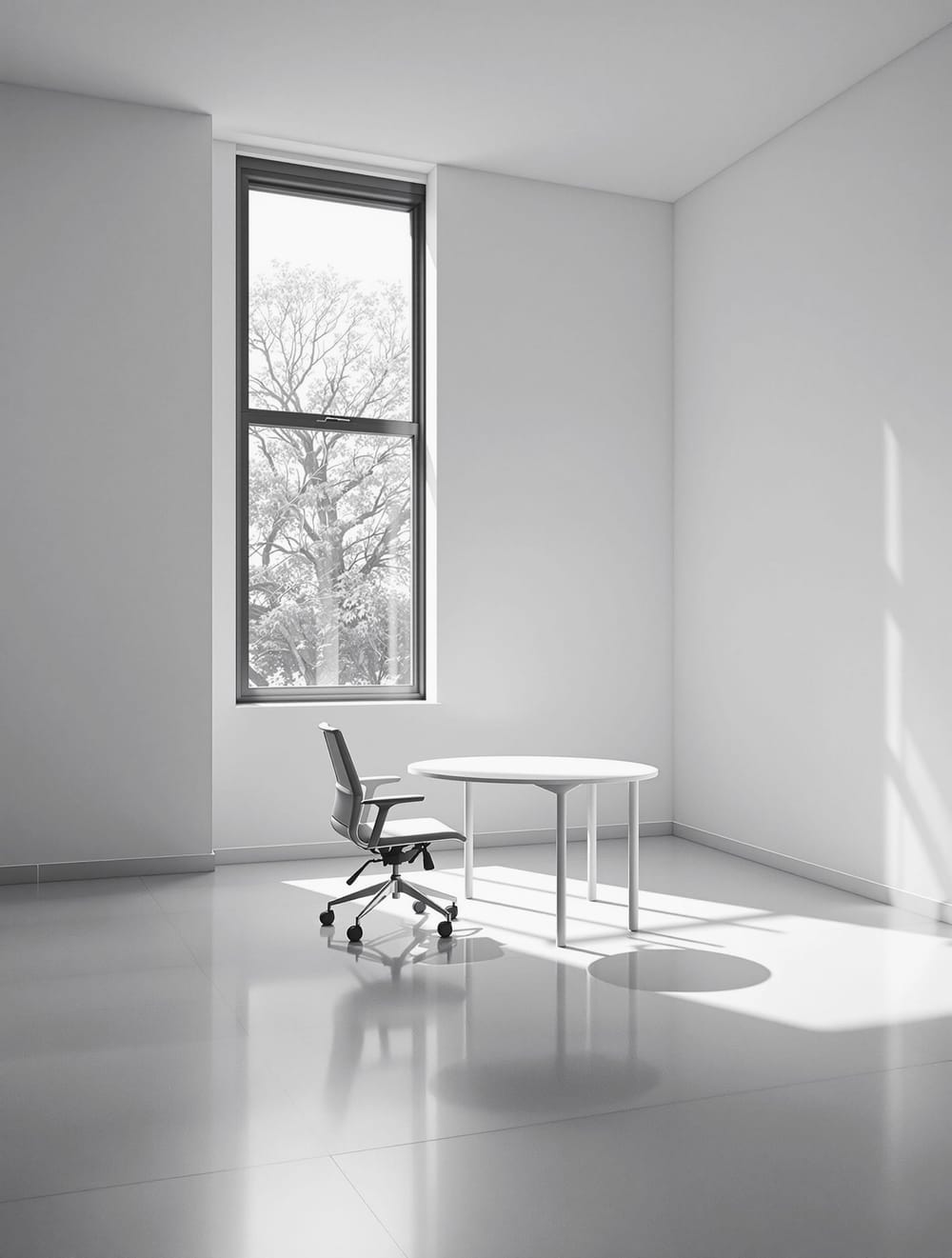 A quiet professional office interior with a tall window, photographed wide and empty in natural light.